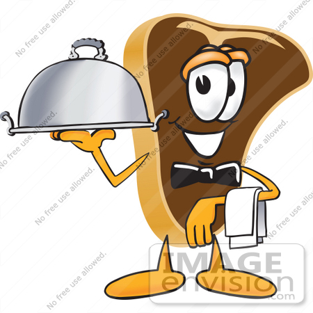 #27781 Clip Art Graphic of a Beef Steak Meat Mascot Character Serving a Dinner Platter While Waiting Tables by toons4biz