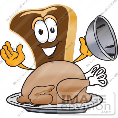#27791 Clip Art Graphic of a Beef Steak Meat Mascot Character Serving a Thanksgiving Turkey on a Platter by toons4biz