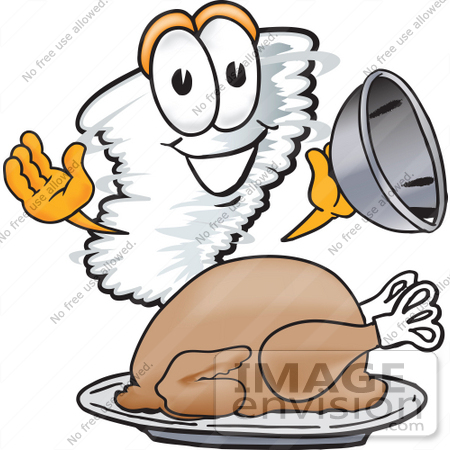 #27796 Clip Art Graphic of a Tornado Mascot Character Serving a Thanksgiving Turkey on a Platter by toons4biz