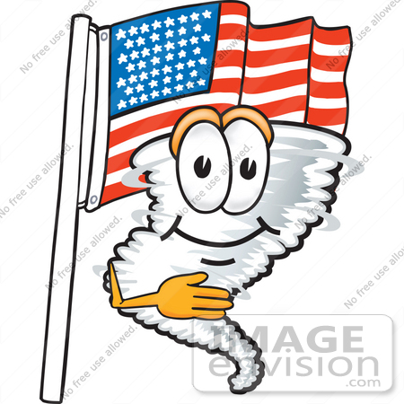 #27804 Clip Art Graphic of a Tornado Mascot Character Pledging Allegiance in Front of an American Flag by toons4biz