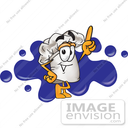 #27826 Clip Art Graphic of a White Chefs Hat Cartoon Character With a Blue Paint Splatter by toons4biz