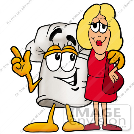 #27827 Clip Art Graphic of a White Chefs Hat Cartoon Character With His Arm Around a Blond Woman by toons4biz