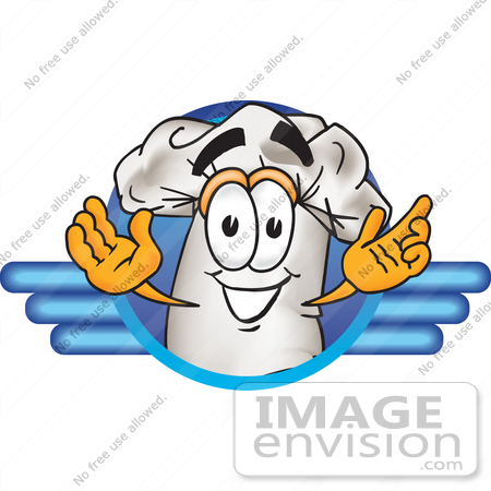 #27830 Clip Art Graphic of a White Chefs Hat Cartoon Character on a Blue Logo by toons4biz