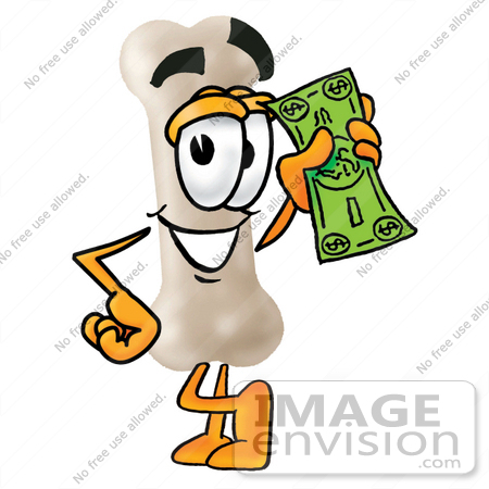 #27852 Clip Art Graphic of a Bone Cartoon Character Waving a Green Dollar Bill by toons4biz