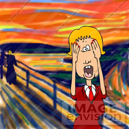 #27899 People Clipart Picture of a Humorous Parody Of "The Scream" By Edvard Munch Showing A Caucasian Blond Business Woman or Wife Holding Her Hands up to Her Face and Screaming by DJArt