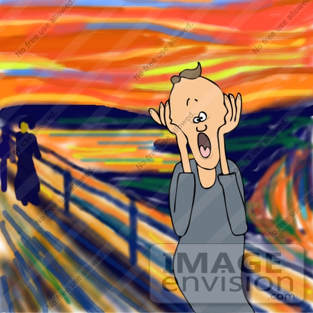 #27932 People Clipart Picture of a Humorous Parody Of "The Scream" By Edvard Munch Showing a Caucasian Man Holding His Hands Up To His Cheeks And Screaming Because He’s Tired Of His Nagging Wife, Mother or Kids by DJArt
