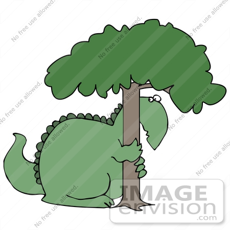 #27933 Clip Art Graphic of a Green Tree Hugging Dinosaur, Symbolizing Loss Of Habitat Or Love For Nature by DJArt