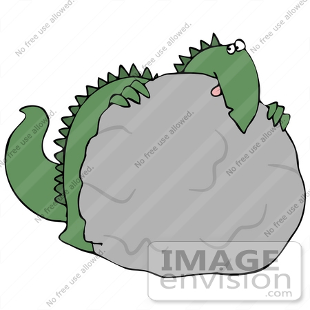 #27934 Clip Art Graphic of a Scared Green Dinosaur Crouching Behind A Boulder And Peeking Over The Top, Symbolizing Disappearing Habitat Or Fear Of Something by DJArt