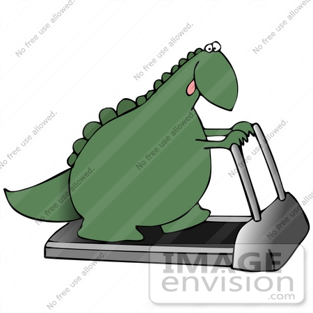 #27936 Clip Art Graphic of a Hot Green Dinosaur Walking on a Treadmill in a Fitness Gym While Trying to Get Back Into Shape by DJArt