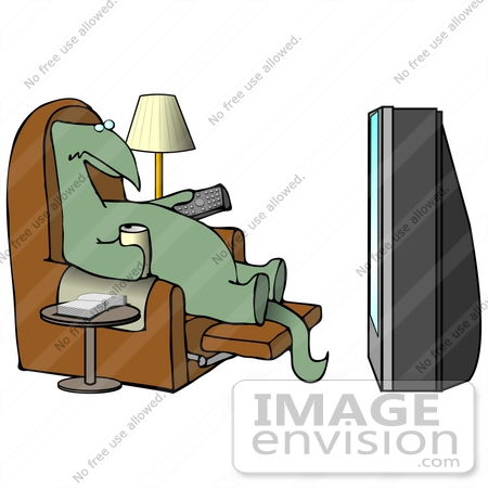 #27938 Clip Art Graphic of an Old Green Dinosaur Using a Television Remote Control While Sitting in a Lazy Chair and Drinking Beer by DJArt