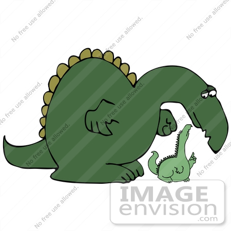 #27946 Clip Art Graphic of a Green Mommy Dinosaur Leaning Down to Talk to Her Baby Dinosaur by DJArt