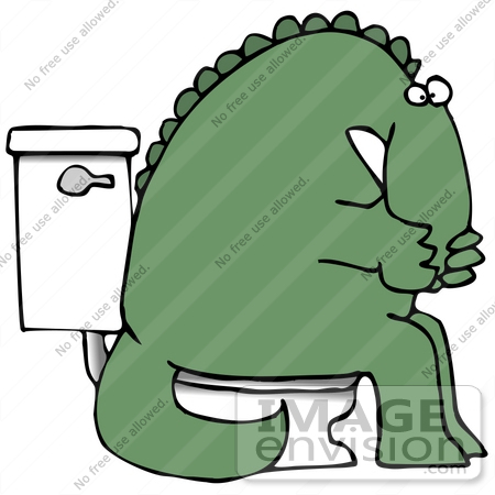 #27951 Clip Art Graphic of a Sick Green Dinosaur With Irritable Bowel Syndrome (IBS) Sitting on a Toilet in a Bathroom by DJArt