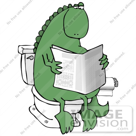 #27968 Clip Art Graphic of a Green Dinosaur Taking A Leisurely Poo While Reading A Newspaper And Sitting On A Toilet In A Bathroom by DJArt