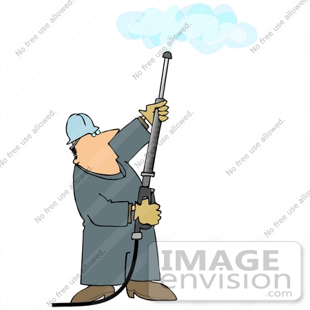 #27969 Clip Art Graphic of a Caucasian Worker Man Operating a Power Washer Nozzle and Pointing it Upwards by DJArt