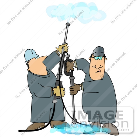 #27970 Clip Art Graphic of Two Caucasian Men in Coveralls, Operating Power Washer Nozzles and Working as a Team by DJArt