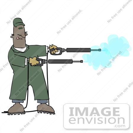 #27972 Clip Art Graphic of an African American Man Operating Two Power Washer Nozzles at Once by DJArt