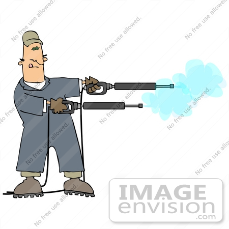 #27973 Clip Art Graphic of a Caucasian Man Operating Two Power Washer Nozzles at Once by DJArt