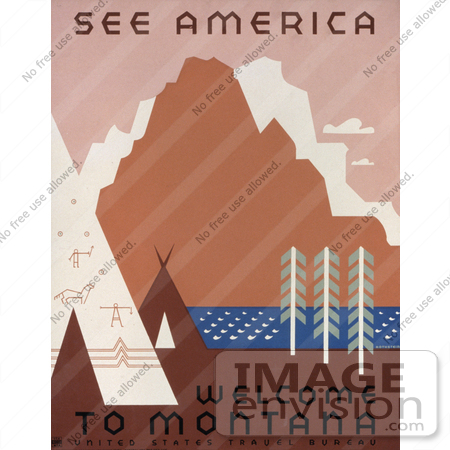 #27982 Native American Tipis And Rock Art By A River And Mountains in Montana Travel Stock Illustration by JVPD