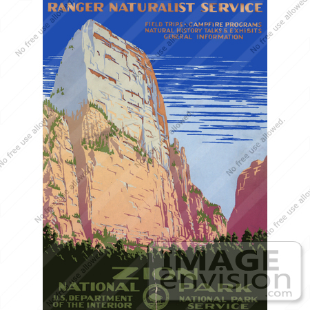 #27987 Cliff Against Blue Sky At Zion National Park In Utah Vintage Travel Stock Illustration by JVPD