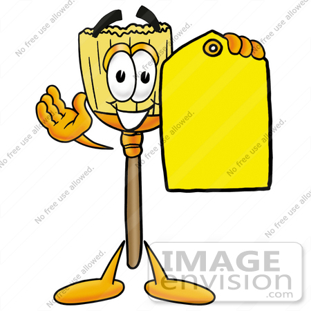 #28002 Clip Art Graphic of a Straw Broom Cartoon Character Holding a Yellow Sales Price Tag by toons4biz