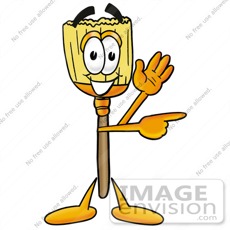 #28003 Clip Art Graphic of a Straw Broom Cartoon Character Waving and Pointing to the Right by toons4biz