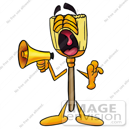 #28006 Clip Art Graphic of a Straw Broom Cartoon Character Screaming Into a Megaphone by toons4biz