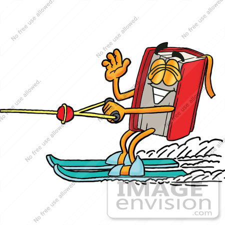 #28012 Clip Art Graphic of a Book Cartoon Character Waving While Waterskiing by toons4biz