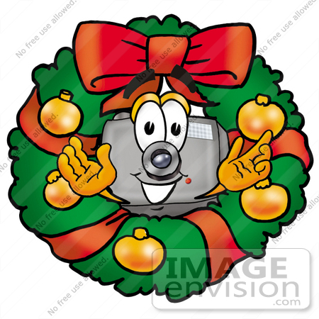 #28014 Clip Art Graphic of a Flash Camera Cartoon Character in the Center of a Christmas Wreath by toons4biz