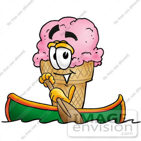 #28018 Clip Art Graphic of a Strawberry Ice Cream Cone Cartoon Character Rowing a Boat by toons4biz