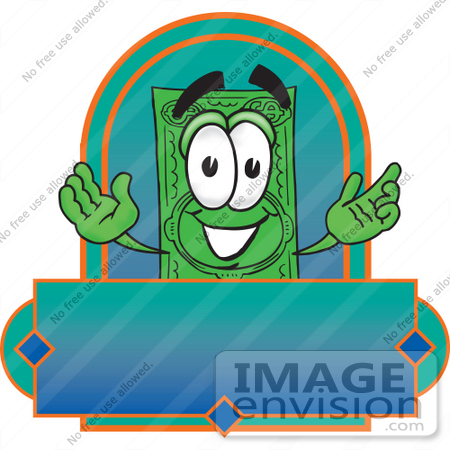 #28031 Clip Art Graphic of a Flat Green Dollar Bill Cartoon Character on a Blank Green and Blue Label Logo by toons4biz