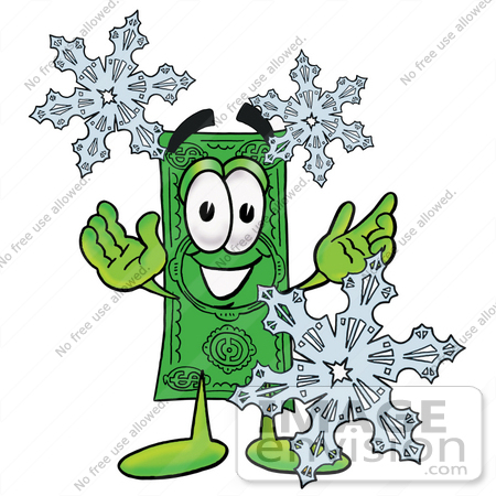 #28032 Clip Art Graphic of a Flat Green Dollar Bill Cartoon Character With Three Snowflakes in Winter by toons4biz