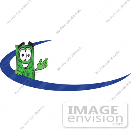 #28035 Clip Art Graphic of a Flat Green Dollar Bill Cartoon Character Waving While Standing Behind a Blue Dash on a Logo or Employee Nametag by toons4biz
