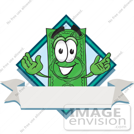 #28036 Clip Art Graphic of a Flat Green Dollar Bill Cartoon Character Over a Blank Label Banner on a Logo by toons4biz