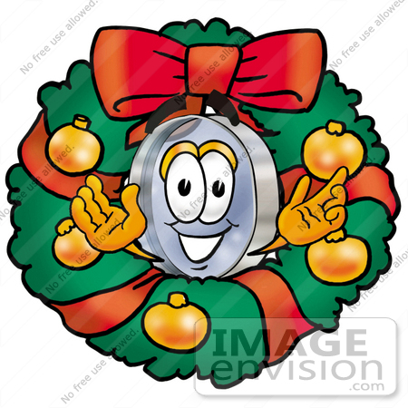 #28040 Clip Art Graphic of a Blue Handled Magnifying Glass Cartoon Character in the Center of a Christmas Wreath by toons4biz