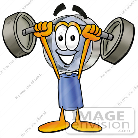 #28042 Clip Art Graphic of a Blue Handled Magnifying Glass Cartoon Character Holding a Heavy Barbell Above His Head by toons4biz