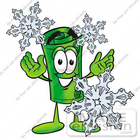 #28046 Clip Art Graphic of a Rolled Greenback Dollar Bill Banknote Cartoon Character With Three Snowflakes in Winter by toons4biz