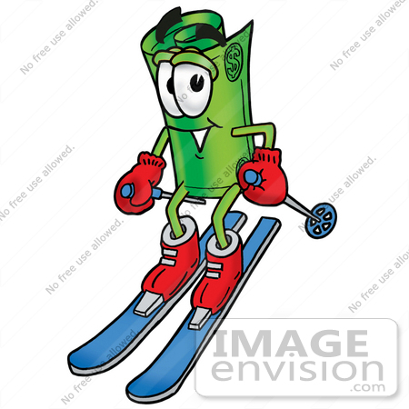 #28047 Clip Art Graphic of a Rolled Greenback Dollar Bill Banknote Cartoon Character Skiing Downhill by toons4biz
