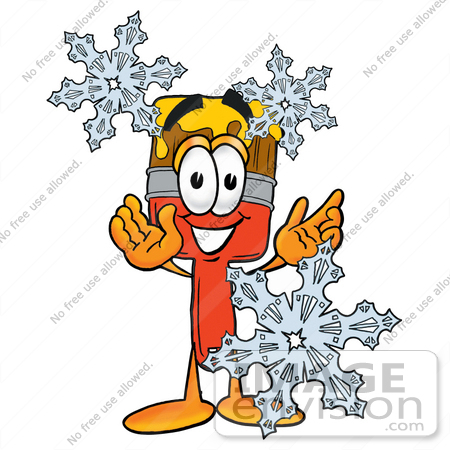 #28053 Clip Art Graphic of a Red Paintbrush With Yellow Paint Cartoon Character With Three Snowflakes in Winter by toons4biz