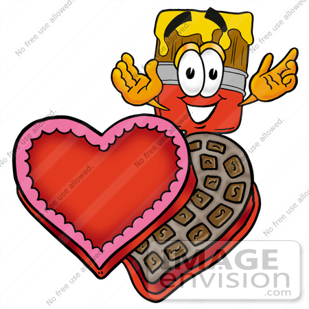 #28056 Clip Art Graphic of a Red Paintbrush With Yellow Paint Cartoon Character With an Open Box of Valentines Day Chocolate Candies by toons4biz