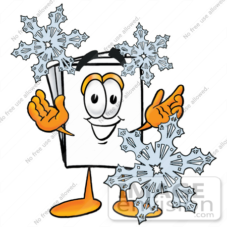#28065 Clip Art Graphic of a White Copy and Print Paper Cartoon Character Surrounded by Falling Snowflakes in Winter by toons4biz