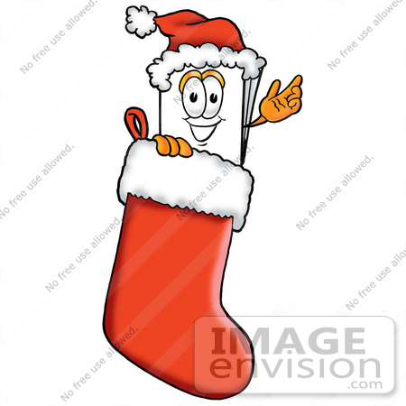 #28066 Clip Art Graphic of a White Copy and Print Paper Cartoon Character Wearing a Santa Hat Inside a Red Christmas Stocking by toons4biz