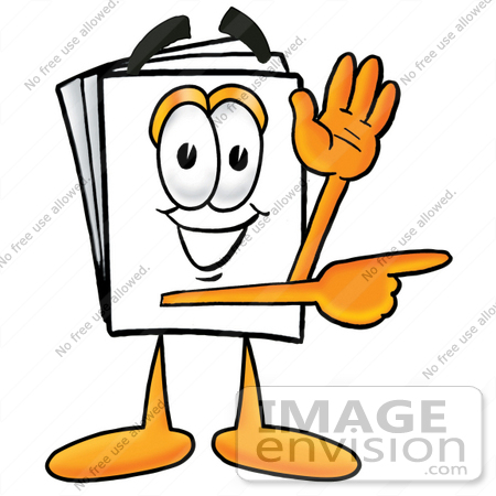 #28067 Clip Art Graphic of a White Copy and Print Paper Cartoon Character Waving and Pointing to the Right by toons4biz