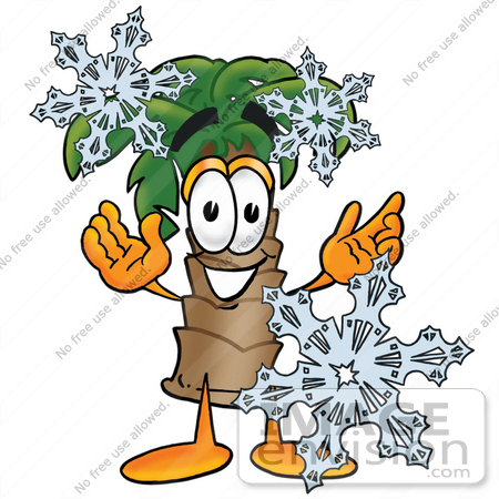 #28068 Clip Art Graphic of a Tropical Palm Tree Cartoon Character Surrounded by Falling Snowflakes in Winter by toons4biz