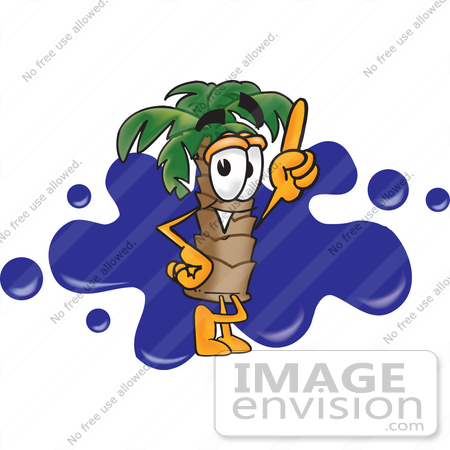 #28071 Clip Art Graphic of a Tropical Palm Tree Cartoon Character Pointing Upwards in Front of a Blue Paint Splatter on a Logo by toons4biz