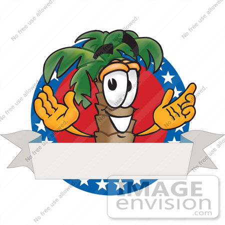 #28074 Clip Art Graphic of a Tropical Palm Tree Cartoon Character Over a Blank White Banner Label Logo With a Red Background and White Stars Over Blue by toons4biz