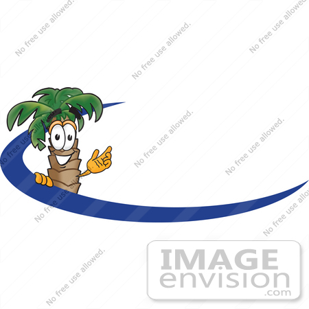 #28075 Clip Art Graphic of a Tropical Palm Tree Cartoon Character Waving Behind a Blue Dash on an Employee Nametag or Logo by toons4biz