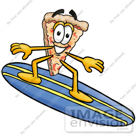 #28082 Clip Art Graphic of a Cheese Pizza Slice Cartoon Character Surfing on a Blue and Yellow Surfboard by toons4biz