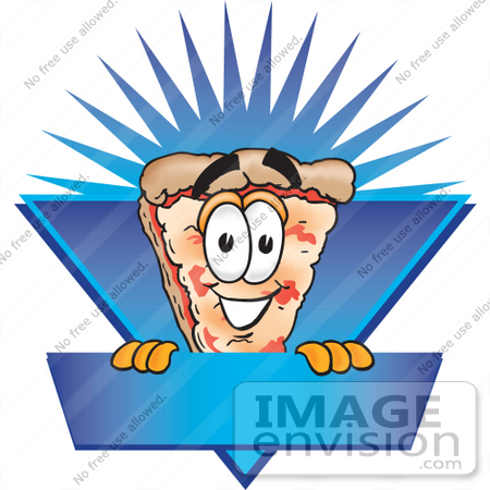 #28085 Clip Art Graphic of a Cheese Pizza Slice Cartoon Character on a Blue Label Logo With a Burst by toons4biz