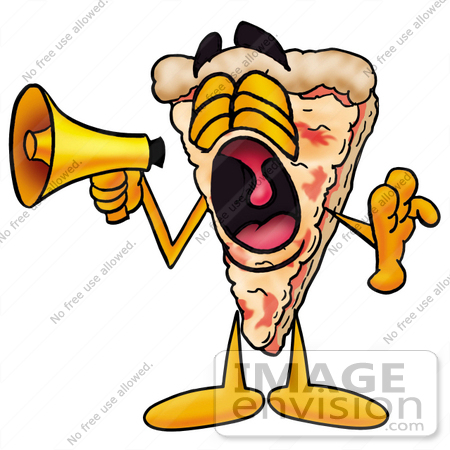 #28087 Clip Art Graphic of a Cheese Pizza Slice Cartoon Character Screaming Into a Megaphone by toons4biz
