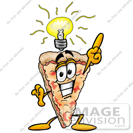 #28093 Clip Art Graphic of a Cheese Pizza Slice Cartoon Character With a Lightbulb Over His Head by toons4biz